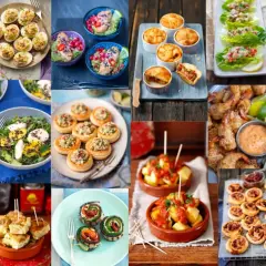 Kolorowe przekąski na imprezę: faszerowane papryczki, jajka faszerowane, mini tarty, krewetki, sałatki i wiele innych pyszności.