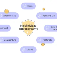 Najsilniejsze antyoksydanty w kosmetykach: witaminy C i E, selen, koenzym Q10, beta-karoten, reswerweratrol, polifenole, luteina, zeaksantyna.