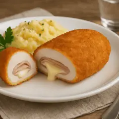 Pyszne cordon bleu przepis: panierowany kotlet z kurczaka z szynką i serem, podany z puree ziemniaczanym i natką pietruszki.