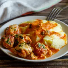 Pyszne klopsiki w sosie pomidorowym z serem i purée ziemniaczanym. Idealny obiad na 2 dni, który zadowoli każdego.