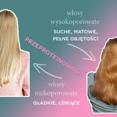 Przed i po zabiegu "Przeproteinowanie" dla włosów. Z suchych, matowych, wysokoporowatych na gładkie, lśniące, niskoporowate.