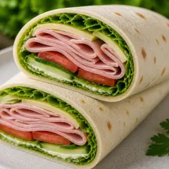 Pyszna tortilla z szynką i serem, pełna świeżych warzyw: sałaty, pomidora i ogórka. Idealna na szybki lunch.