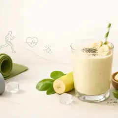 Jak zrobić koktajl bananowy po treningu? Zdrowy napój z bananem, nasionami chia i listkami bazylii. Obok mata i hantle.