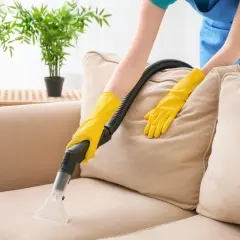 Osoba w żółtych rękawiczkach czyści beżową kanapę materiałową odkurzaczem piorącym. W tle rośliny.