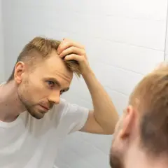 Mężczyzna w białej koszulce sprawdza w lustrze swoje włosy, martwiąc się androgenowym wypadaniem włosów.