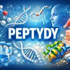 Peptydy co to? Obraz przedstawia cząsteczki, DNA, ludzką twarz, mięśnie, skórę, strzykawkę i kapsułki, symbolizujące zastosowanie peptydów w medycynie i biologii.