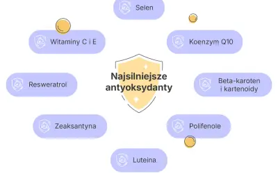 Najsilniejsze antyoksydanty w kosmetykach: witaminy C i E, selen, koenzym Q10, beta-karoten, reswerweratrol, polifenole, luteina, zeaksantyna.