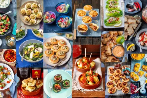 Kolorowe przekąski na imprezę: faszerowane papryczki, jajka faszerowane, mini tarty, krewetki, sałatki i wiele innych pyszności.