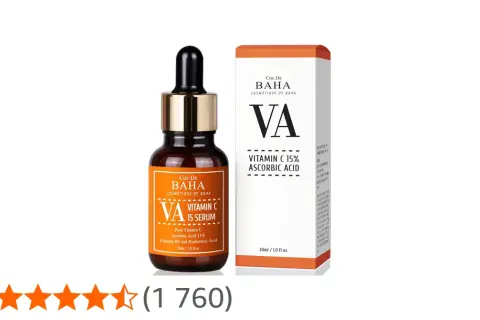 Serum z witaminą C 15% od Cos De Baha, w szklanej buteleczce z pipetą i kartonowym opakowaniu.