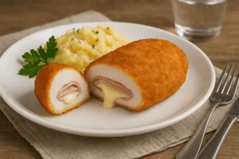 Pyszne cordon bleu przepis: panierowany kotlet z kurczaka z szynką i serem, podany z puree ziemniaczanym i natką pietruszki.