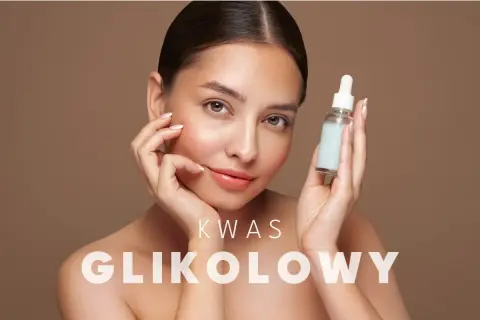 Kobieta z buteleczką kosmetyku, tekst "KWAS GLIKOLOWY". Bezpieczny dla skóry w ciąży.