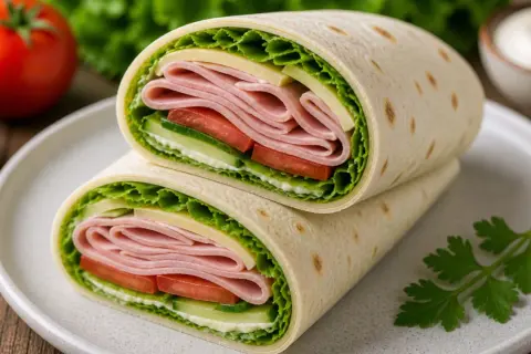 Pyszna tortilla z szynką i serem, pełna świeżych warzyw: sałaty, pomidora i ogórka. Idealna na szybki lunch.