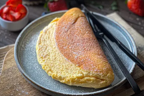 Puszysty omlet na słodko, posypany cukrem pudrem, czeka na talerzu obok widelca i noża. W tle miseczka z truskawkami.
