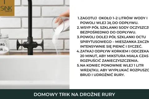 Domowy sposób na udrażnianie rur sodą i octem. Wsypywanie sody do odpływu zlewu.