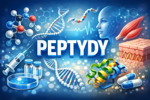 Peptydy co to? Obraz przedstawia cząsteczki, DNA, ludzką twarz, mięśnie, skórę, strzykawkę i kapsułki, symbolizujące zastosowanie peptydów w medycynie i biologii.
