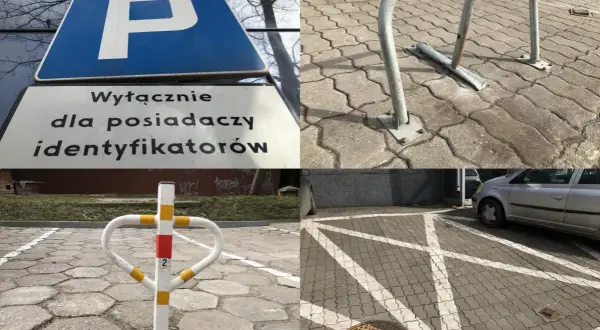 Oznaczone prywatne miejsce parkingowe pod blokiem z zakazem parkowania dla nieuprawnionych.