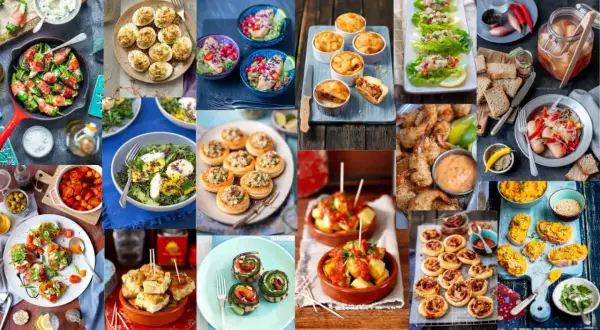 Kolorowe przekąski na imprezę: faszerowane papryczki, jajka faszerowane, mini tarty, krewetki, sałatki i wiele innych pyszności.