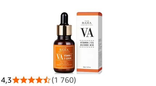 Serum z witaminą C 15% od Cos De Baha, w szklanej buteleczce z pipetą i kartonowym opakowaniu.