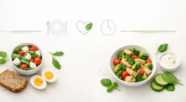 Szybka kolacja w 5 minut: sałatka z pomidorkami i mozzarellą, jajka, chleb, sałatka z kurczakiem i brokułami.