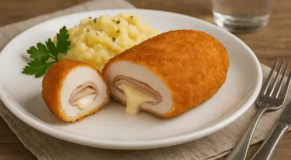 Pyszne cordon bleu przepis: panierowany kotlet z kurczaka z szynką i serem, podany z puree ziemniaczanym i natką pietruszki.