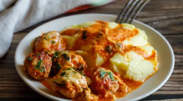 Pyszne klopsiki w sosie pomidorowym z serem i purée ziemniaczanym. Idealny obiad na 2 dni, który zadowoli każdego.