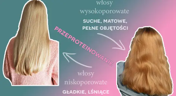 Przed i po zabiegu "Przeproteinowanie" dla włosów. Z suchych, matowych, wysokoporowatych na gładkie, lśniące, niskoporowate.