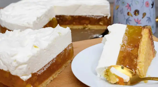 Pyszne ciasto z bitą śmietaną i galaretką owocową. Na talerzyku kawałek z widelczykiem, obok cały deser.