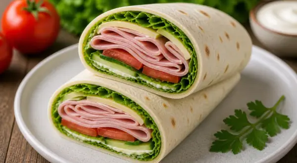 Pyszna tortilla z szynką i serem, pełna świeżych warzyw: sałaty, pomidora i ogórka. Idealna na szybki lunch.
