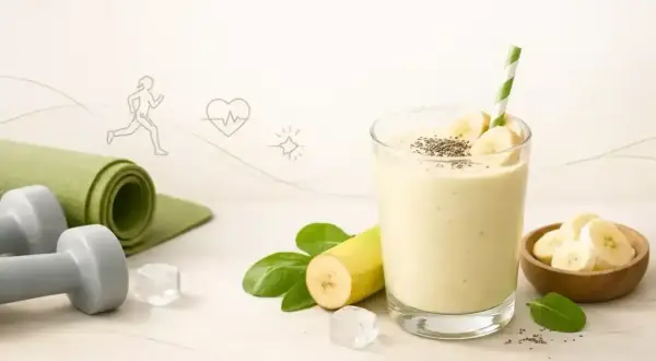 Jak zrobić koktajl bananowy po treningu? Zdrowy napój z bananem, nasionami chia i listkami bazylii. Obok mata i hantle.
