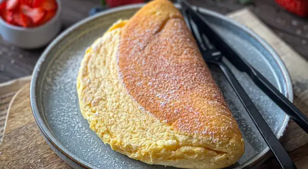 Puszysty omlet na słodko, posypany cukrem pudrem, czeka na talerzu obok widelca i noża. W tle miseczka z truskawkami.