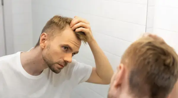 Mężczyzna w białej koszulce sprawdza w lustrze swoje włosy, martwiąc się androgenowym wypadaniem włosów.