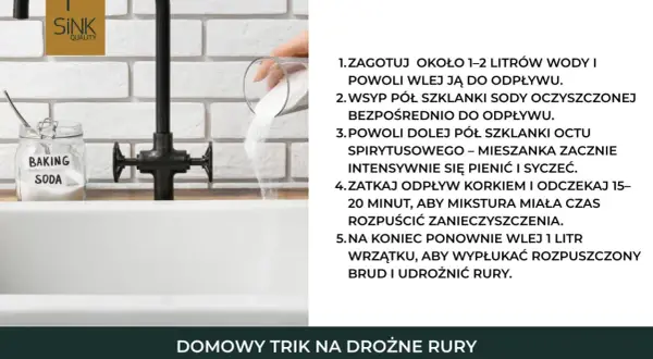 Domowy sposób na udrażnianie rur sodą i octem. Wsypywanie sody do odpływu zlewu.