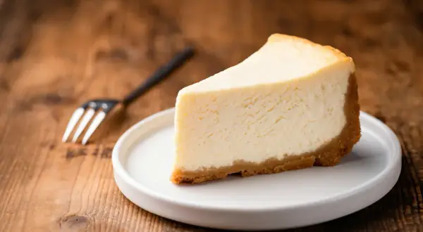 Kawałek klasycznego new york cheesecake na białym talerzyku, obok widelec, na drewnianym tle.