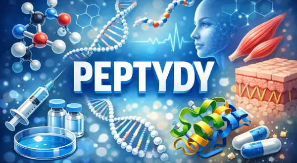 Peptydy co to? Obraz przedstawia cząsteczki, DNA, ludzką twarz, mięśnie, skórę, strzykawkę i kapsułki, symbolizujące zastosowanie peptydów w medycynie i biologii.