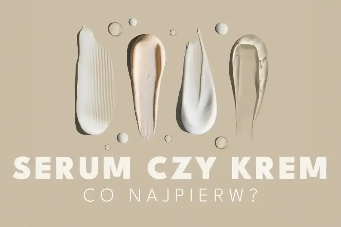 Smugi kremów i serum na beżowym tle. Pytanie: najpierw serum czy krem?