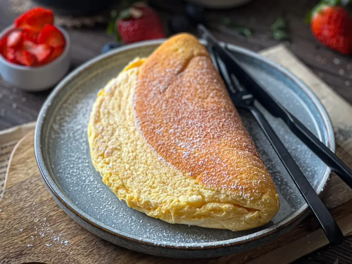 Puszysty omlet na słodko, posypany cukrem pudrem, czeka na talerzu obok widelca i noża. W tle miseczka z truskawkami.