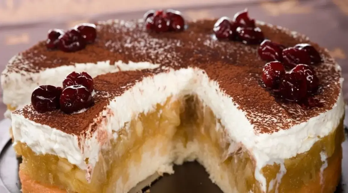 Szarlotka bez pieczenia na herbatnikach z budyniem, udekorowana wiśniami i kakao. Pyszny deser, który zachwyca smakiem.