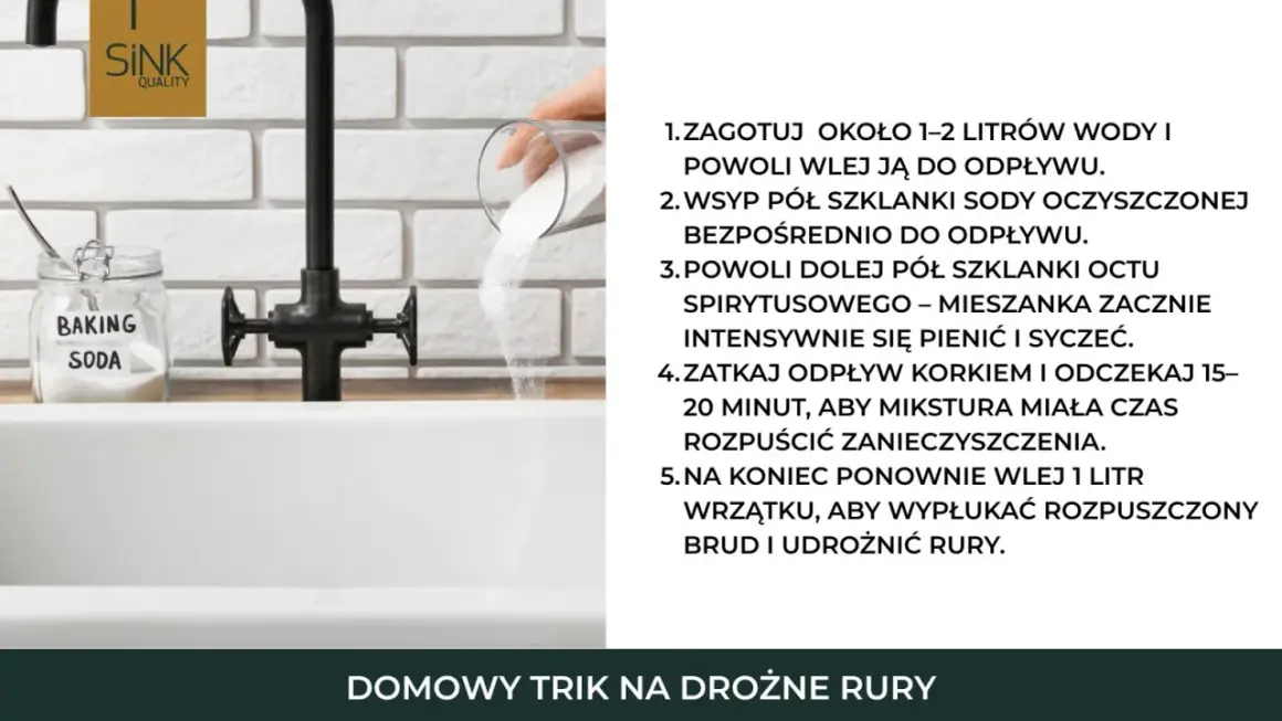 Domowy sposób na udrażnianie rur sodą i octem. Wsypywanie sody do odpływu zlewu.