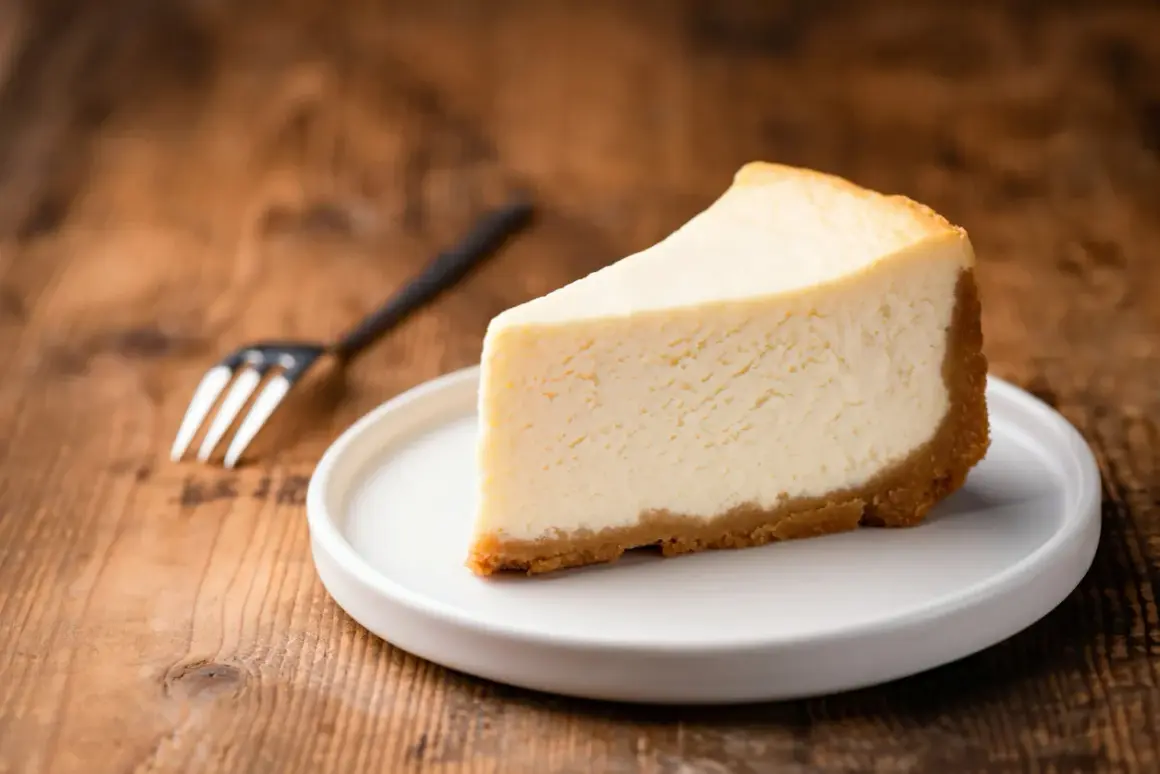 Kawałek klasycznego new york cheesecake na białym talerzyku, obok widelec, na drewnianym tle.