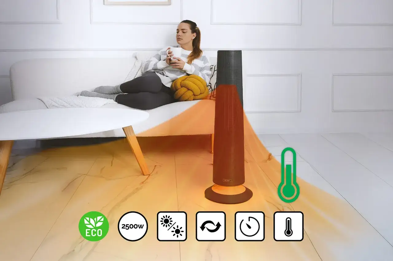 Szukasz grzejnika elektrycznego, który zużywa najmniej prądu? Ten model z funkcją ECO i mocą 2500W zapewni komfortowe ciepło.