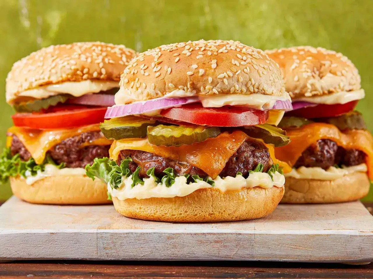 Pyszne, soczyste burgery z serem, og&oacute;rkiem, pomidorem i czerwoną cebulą. Idealne na grilla, oto prawdziwe burgery przepis!