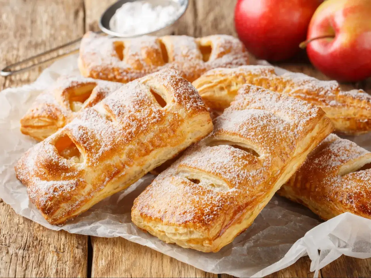 Chrupiące ciasto francuskie z jabłkami, posypane cukrem pudrem, obok czerwonych jabłek.