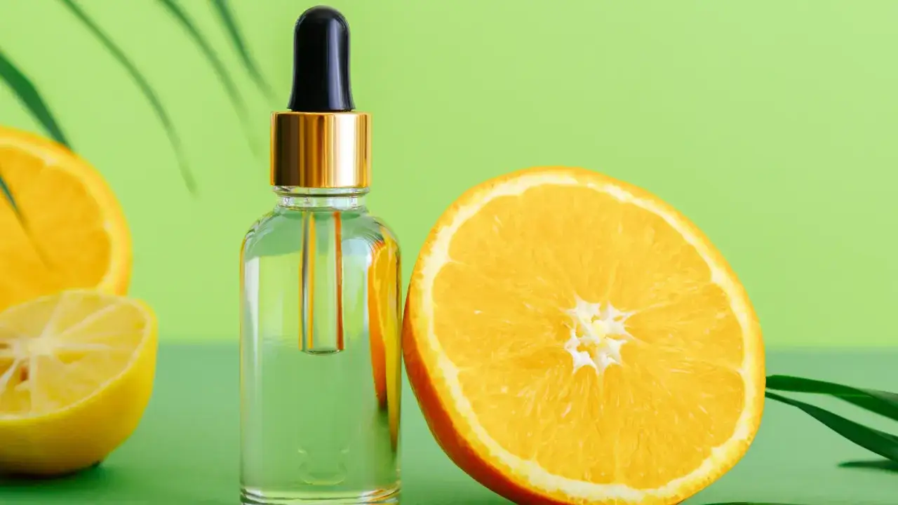 Serum z kwasem cytrynowym w kosmetykach, obok plastrów pomarańczy i cytryny, na zielonym tle.