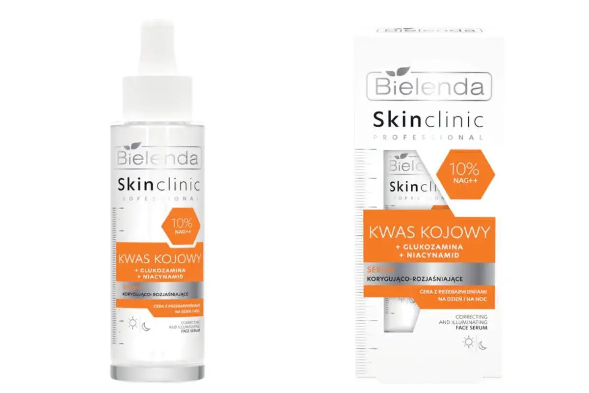 Serum Bielenda Skinclinic z kwasem kojowym, glukozaminą i niacynamidem. Koryguje przebarwienia, rozjaśnia cerę na dzień i noc.