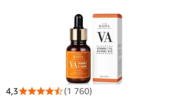 Serum z witaminą C 15% od Cos De Baha, w szklanej buteleczce z pipetą i kartonowym opakowaniu.
