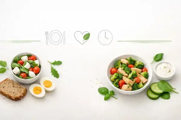 Szybka kolacja w 5 minut: sałatka z pomidorkami i mozzarellą, jajka, chleb, sałatka z kurczakiem i brokułami.