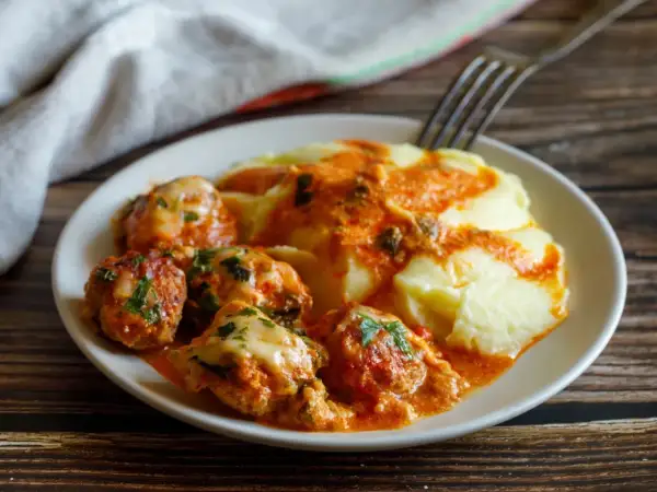 Pyszne klopsiki w sosie pomidorowym z serem i purée ziemniaczanym. Idealny obiad na 2 dni, który zadowoli każdego.