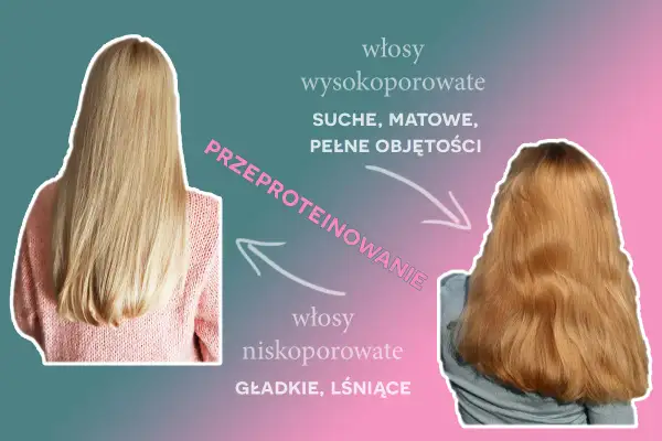 Przed i po zabiegu "Przeproteinowanie" dla włosów. Z suchych, matowych, wysokoporowatych na gładkie, lśniące, niskoporowate.