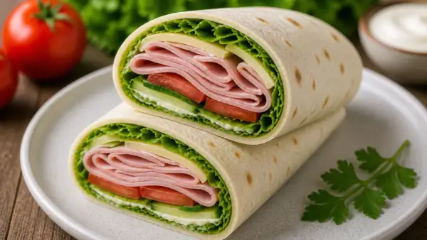 Pyszna tortilla z szynką i serem, pełna świeżych warzyw: sałaty, pomidora i ogórka. Idealna na szybki lunch.