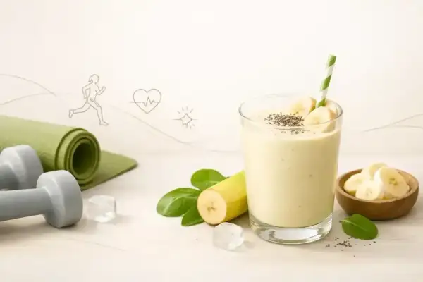 Jak zrobić koktajl bananowy po treningu? Zdrowy napój z bananem, nasionami chia i listkami bazylii. Obok mata i hantle.